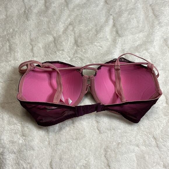 Pink Victoria’s Secert burgandy pink lace bra 32DD date lace push up bra - Picture 3 of 10